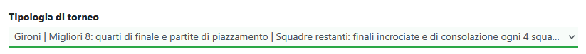 Impostazioni della categoria: scegliere il tipo di torneo Gironi | Migliori 8: quarti di finale e partite di piazzamento | Squadre restanti: finali incrociate e di consolazione ogni 4 squadre