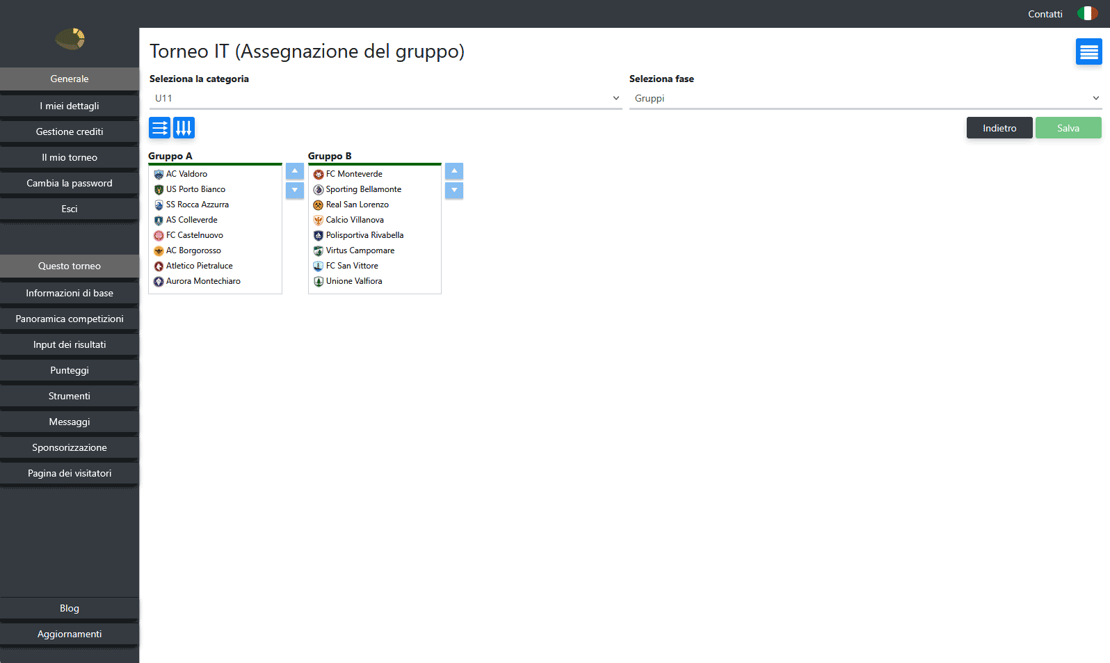 Regolare la suddivisione in gironi tramite drag and drop