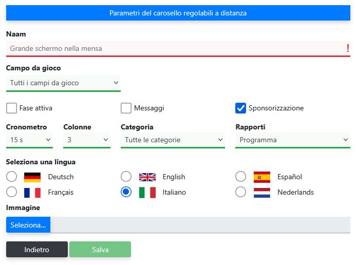 Schermata di impostazione parametri carosello schermo di presentazione