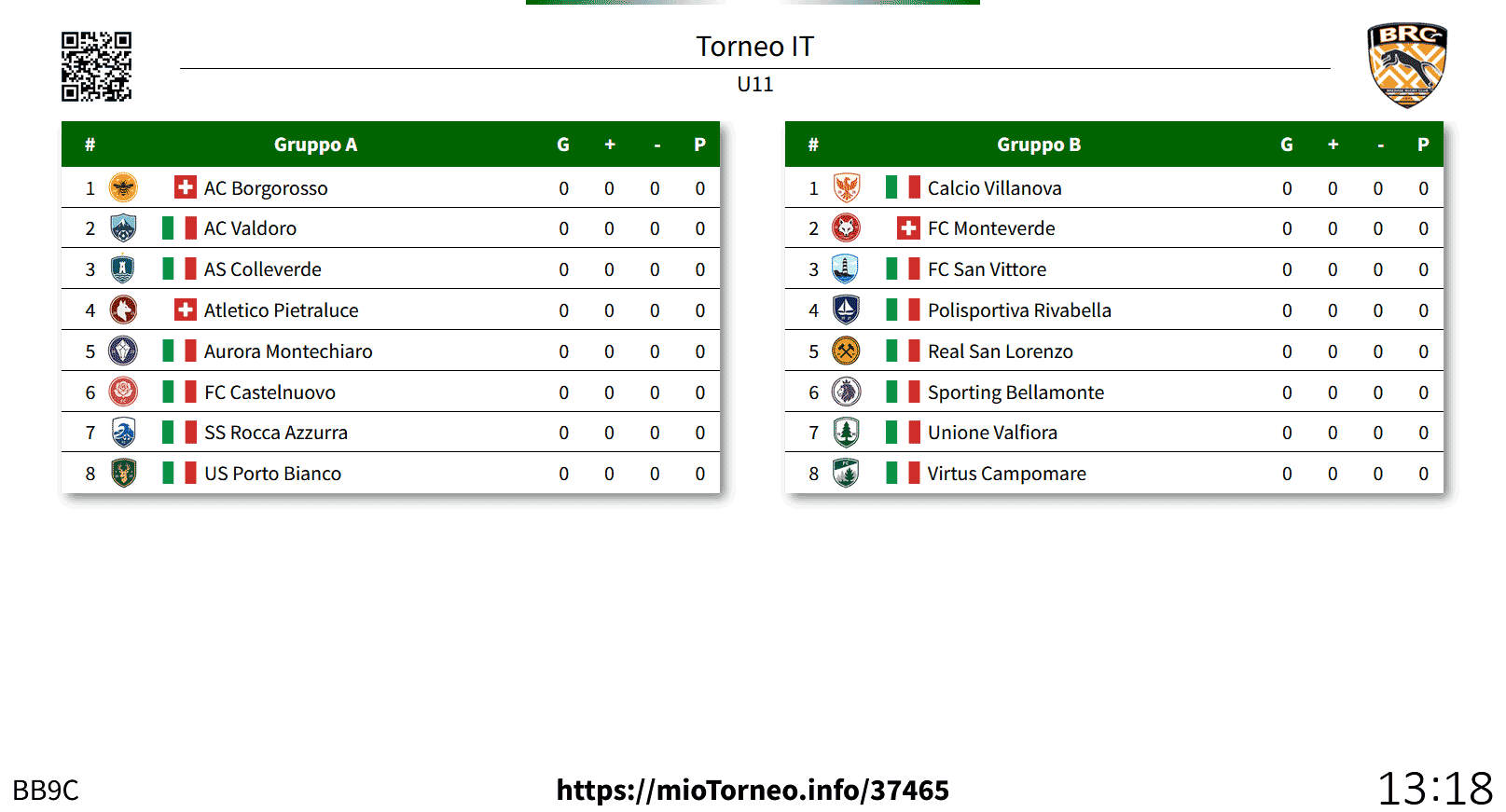 Schermo di presentazione con partite e classifiche