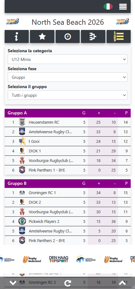 Visualizzare la classifica del torneo di rugby in tempo reale nell'app mobile per i visitatori