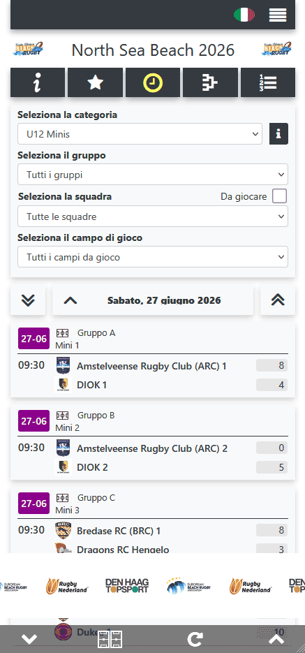 Visualizzare il calendario del torneo di rugby nell'app mobile per i visitatori