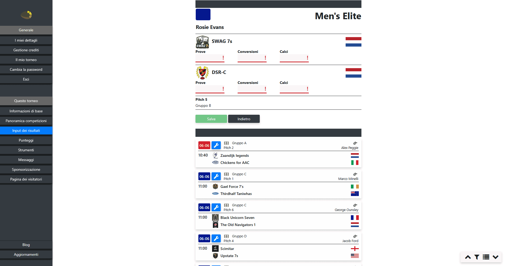 Inserire i punteggi di rugby nel software per tornei online con registrazione di mete, trasformazioni e calci