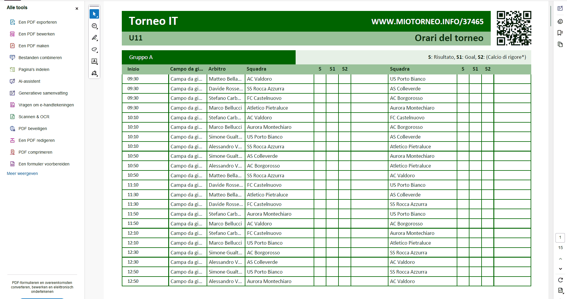 Report del calendario delle partite per categoria