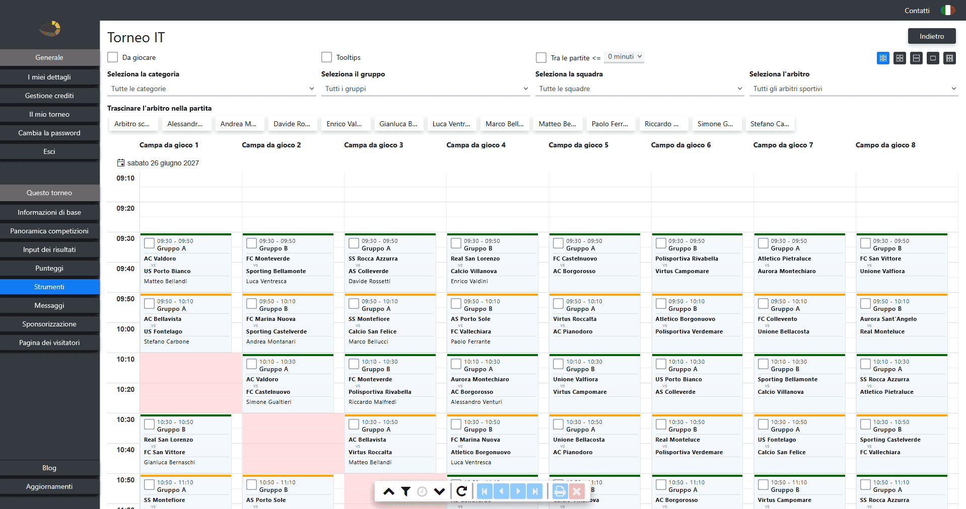 Planner arbitri e tabellone grafico del torneo con passaggio del turno live